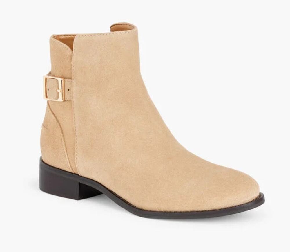 Talbots Tish Suede Leather Buckle Ankle Boots Light Acorn Beige Side Zip Sz 7